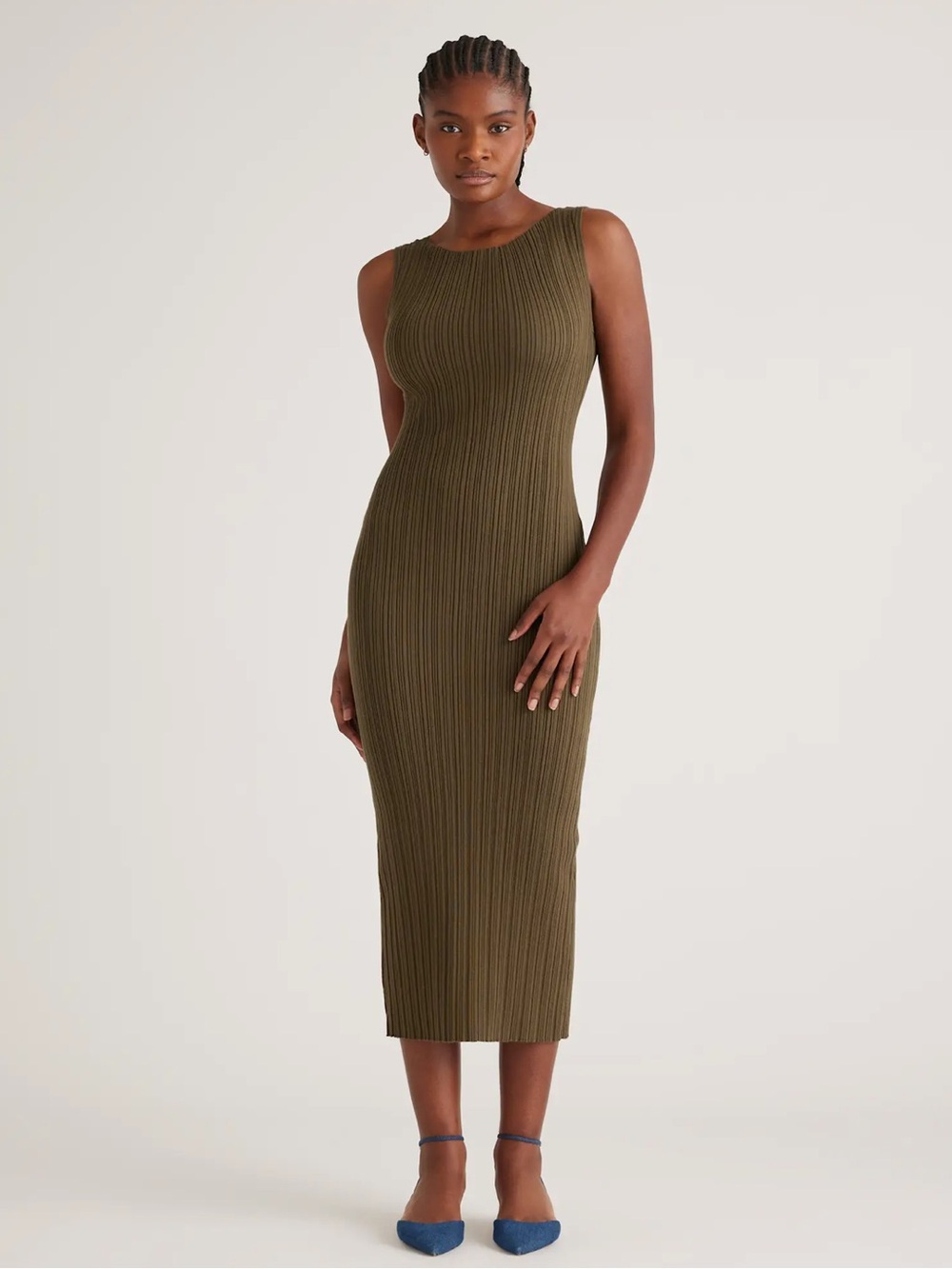 Quince Cotton Cashmere Olive Ribbed Sleeveless Midi Dress
